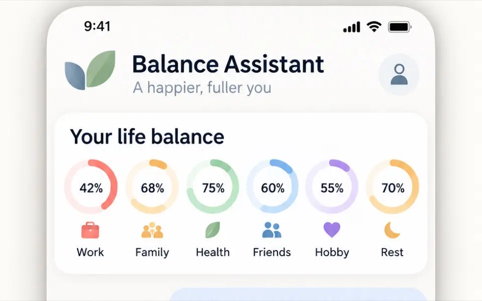 The assistant's screen: six rings scoring work, family, health, friends, hobby and rest