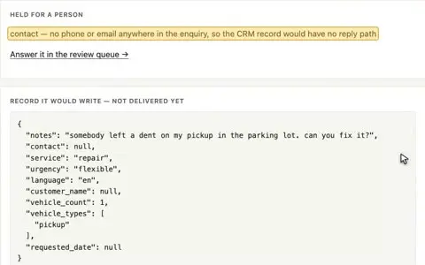 The pipeline holding an enquiry for a person: the missing contact field flagged, beside the CRM record it would have written