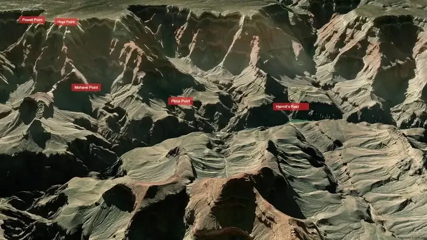A 3D terrain map of the Grand Canyon with labelled viewpoints, made in the Mapcreator editor