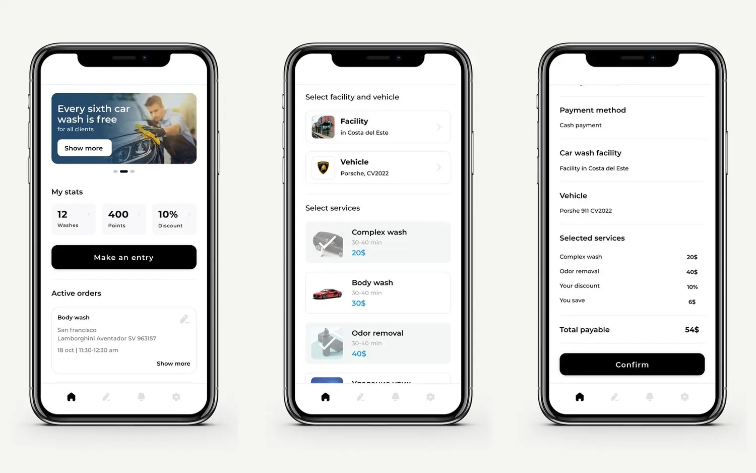 Three Megacarwash app screens: home with loyalty counters, service selection, and the booking total
