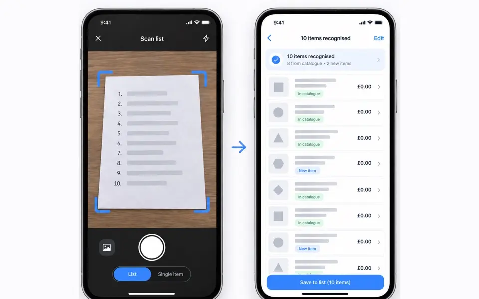 Two phone screens: a printed list framed by the scanner, and the catalogue cards it returns, each marked as coming from the catalogue or as a new item